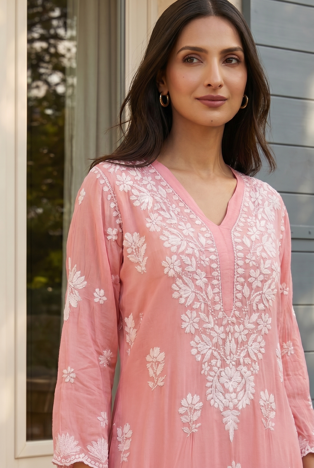 Peach chikankari kurti
