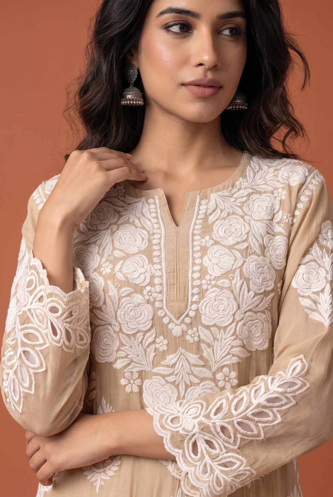 Penut Brown Kurti with Floral White Chikankari