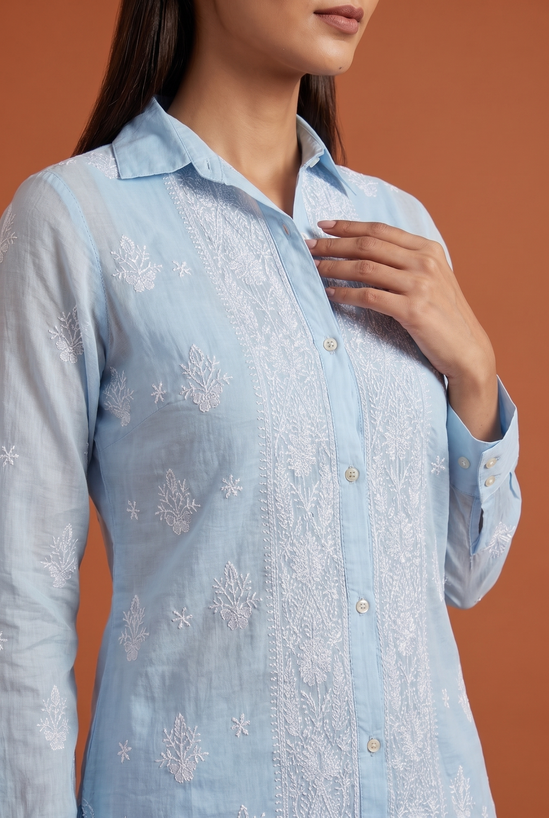 Cadet Blue Co-ord Set with Collar & White Chikankari Embroiedery on Front