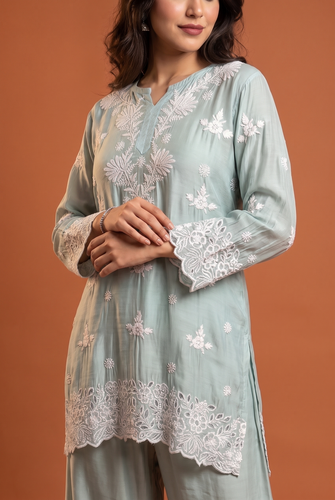 Seafoam Green  Co-ord Set  With Eligent  Floral White Chikankari