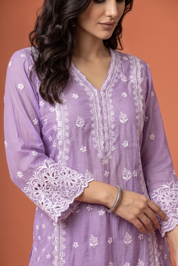 Lavender  Co-ord Set With White Chikankari