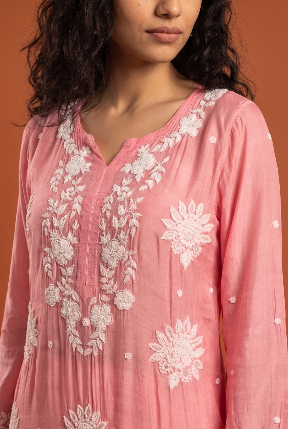 Pink Kurti With Floral White Chikankari