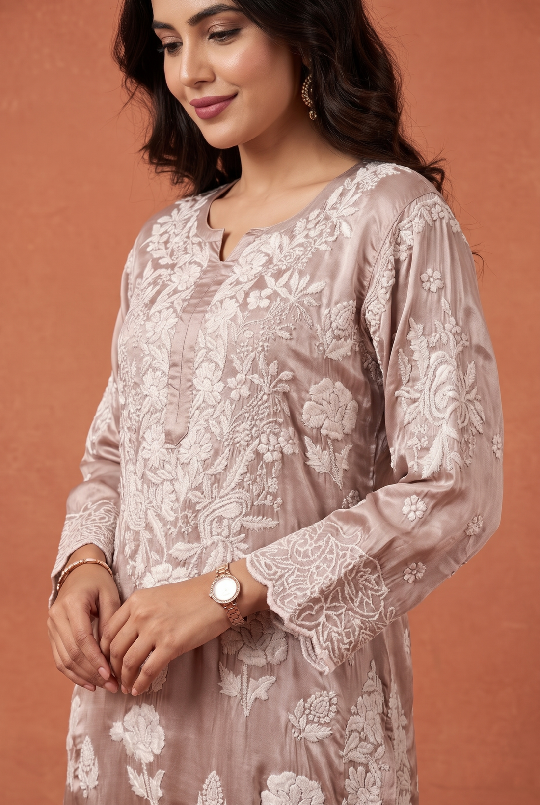 Peach Blush  Kurta  with Eligent  Floral White Chikankari