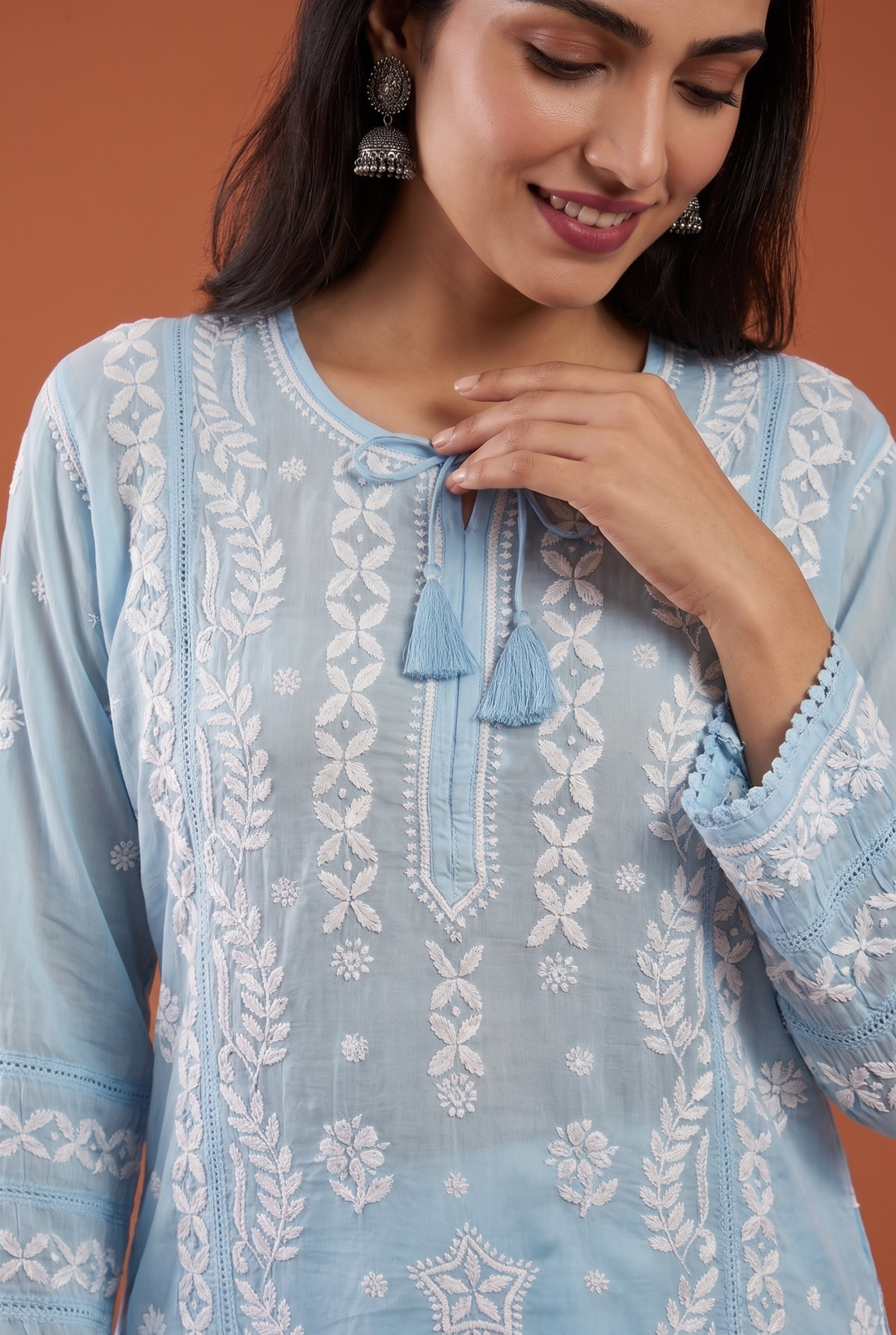 Sky Blue Kurti With Srings at Neck With  White Chikankari