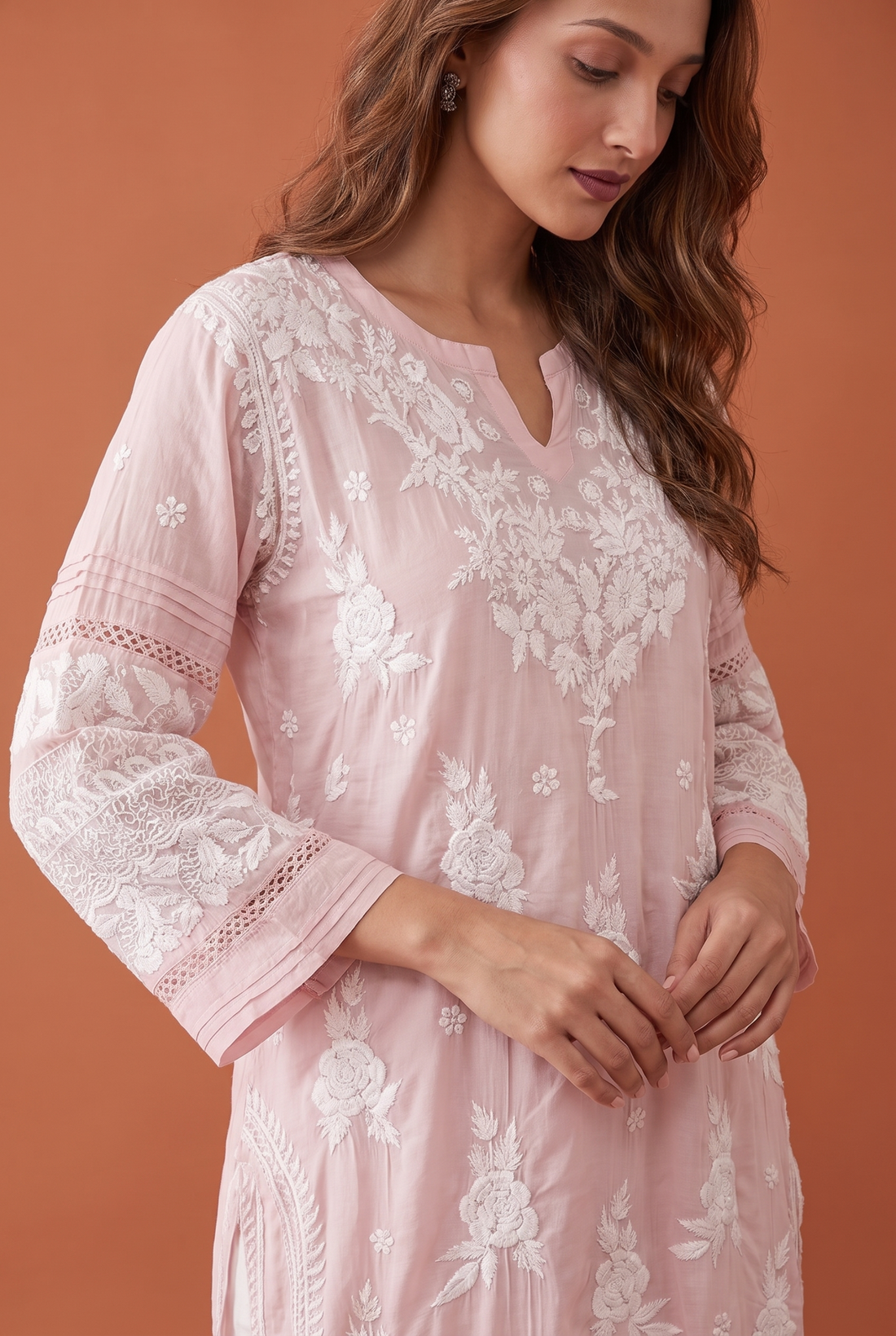 Peach Pink  Kurti  With Eligent  Floral White Chikankari