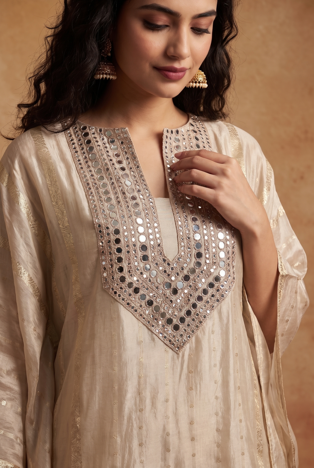 Light Green Kaftan set with mirror work on front