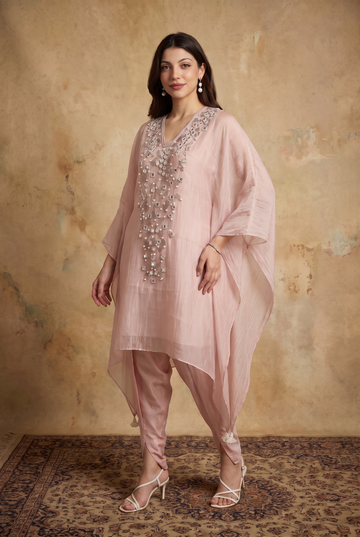Peach Kaftan set with eligent Pearl work
