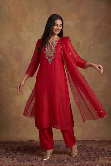 Ruby Red Statement Neckline Kurta Set