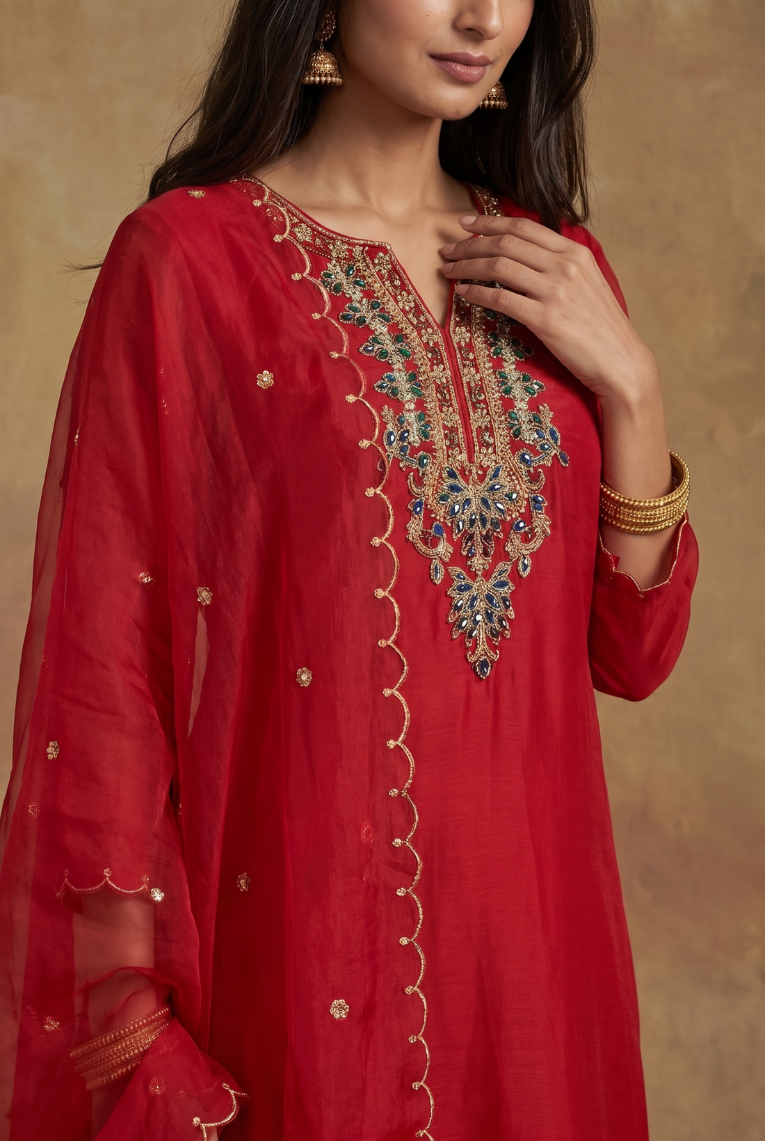 Ruby Red Statement Neckline Kurta Set