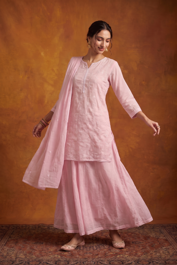 Blush Pink Embroidered Short Anarkali Sharara Set