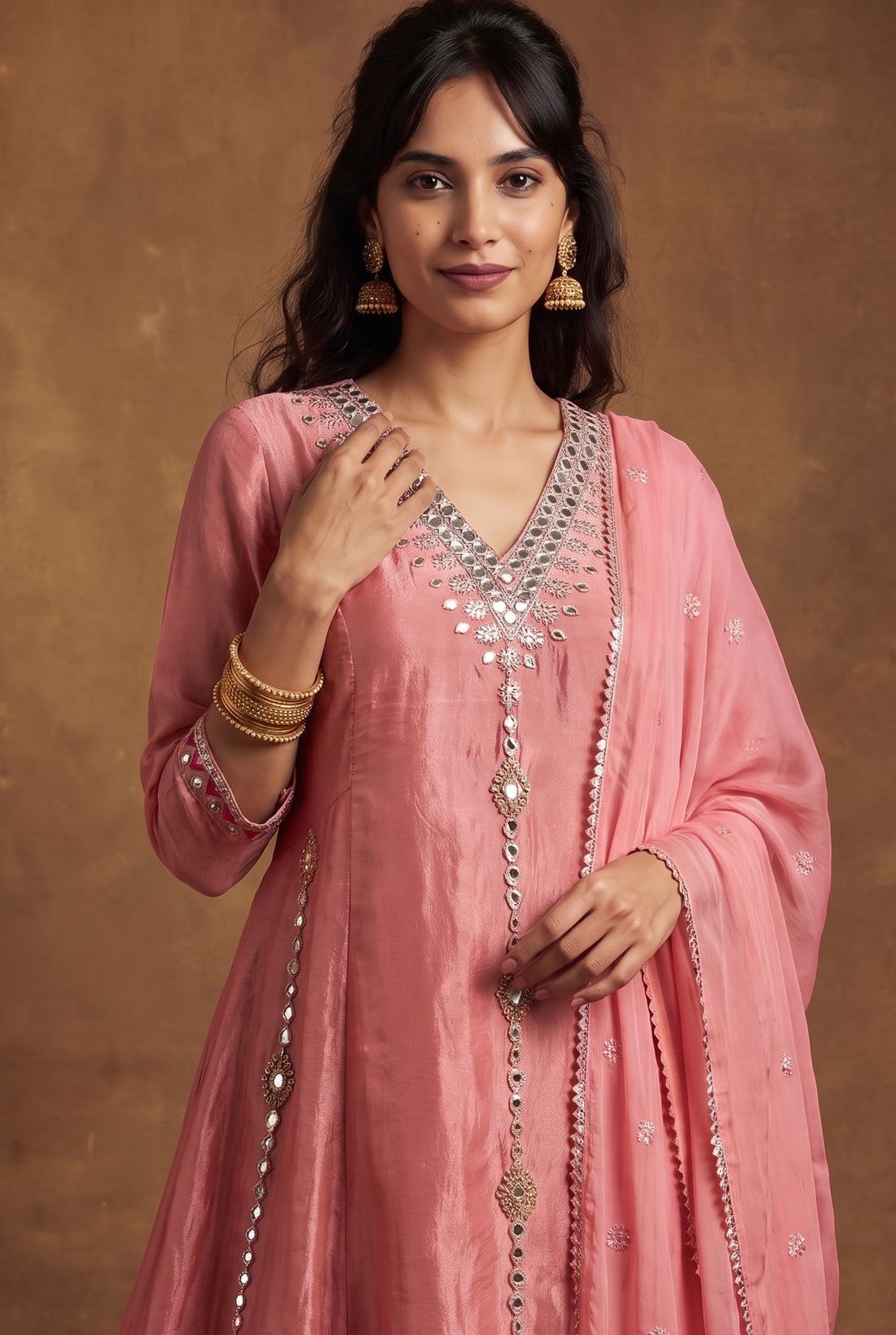 Coral Pink Embellished Anarkali Kurta Set