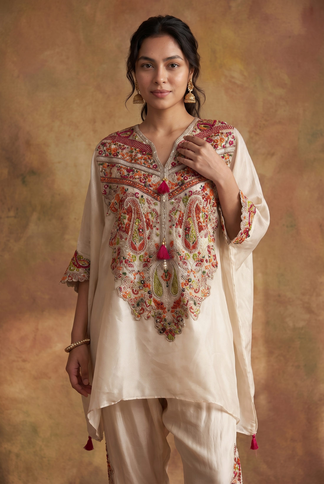 Heavy front panel work white kaftan set