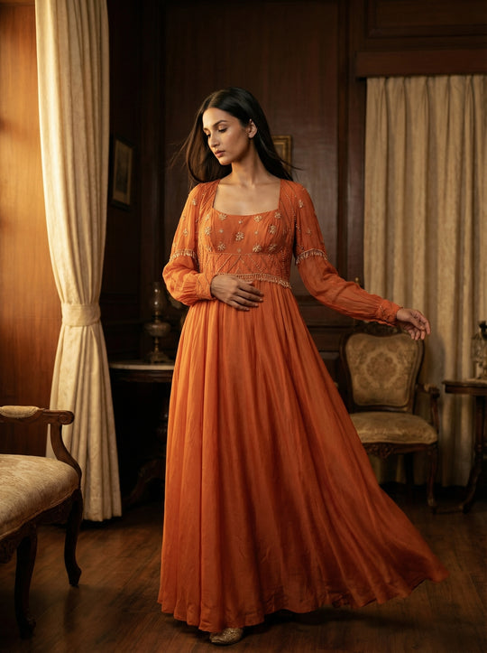 Rust Embellished Anarkali Suit Set