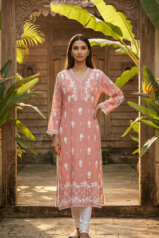 Dusky Brown Chikankari Cotton Silk Kurti