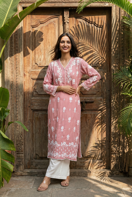 Dusky Brown Chikankari Cotton Silk Kurti