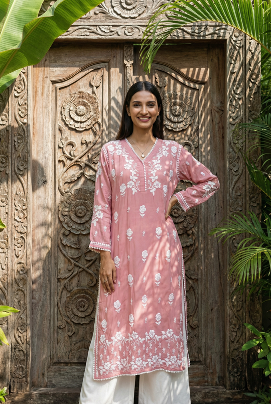 Dusky Brown Chikankari Cotton Silk Kurti