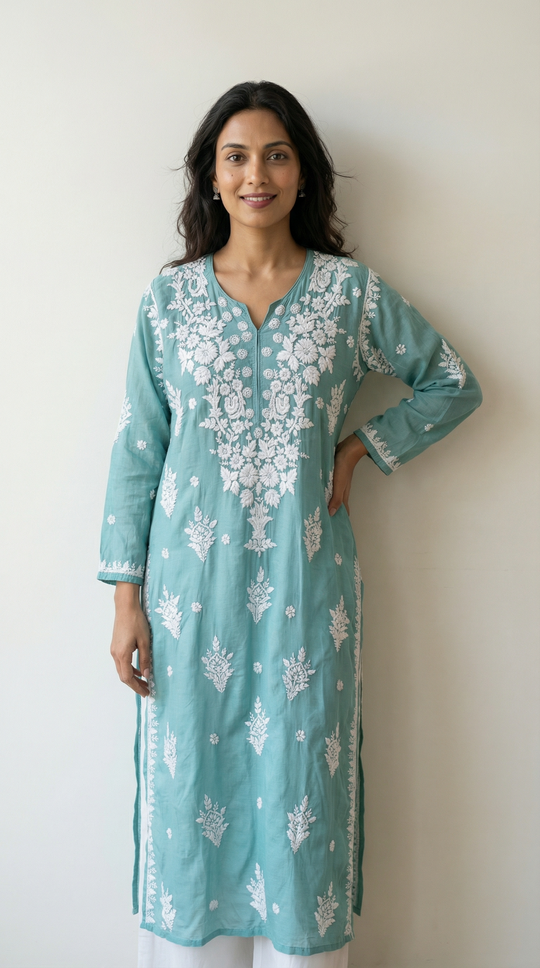 Light Teal Chikankari Cotton Silk Kurti