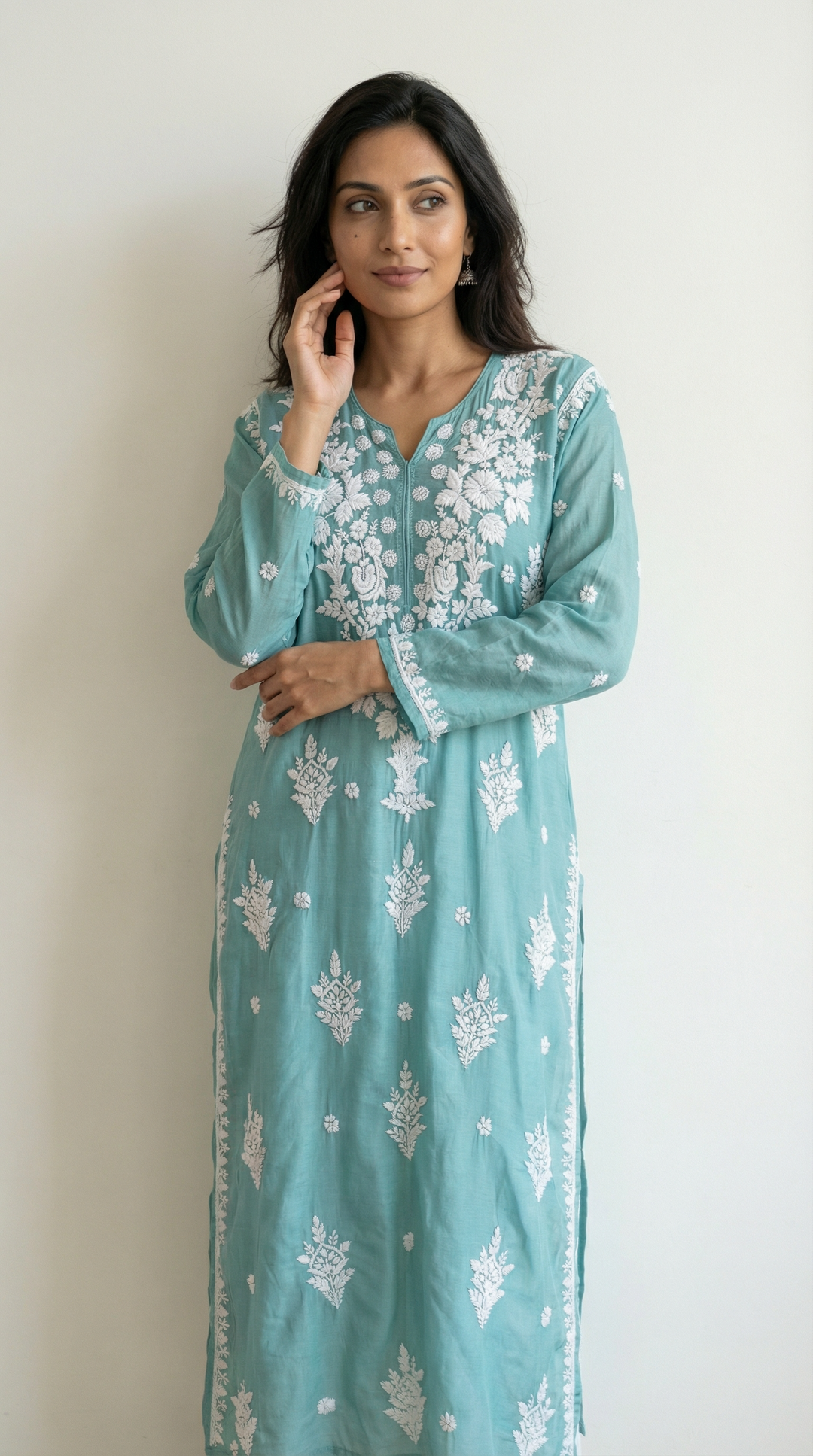 Light Teal Chikankari Cotton Silk Kurti