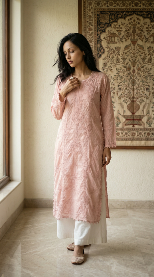 Dusty Peach Chikankari Cotton Silk Kurti