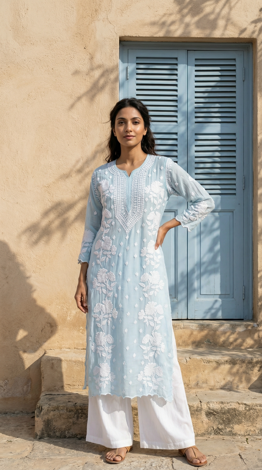Ice Blue Chikankari Cotton Silk Kurti