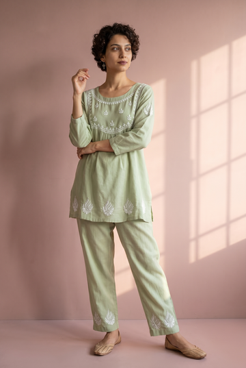 Sage green Luckhnowi co-ord set