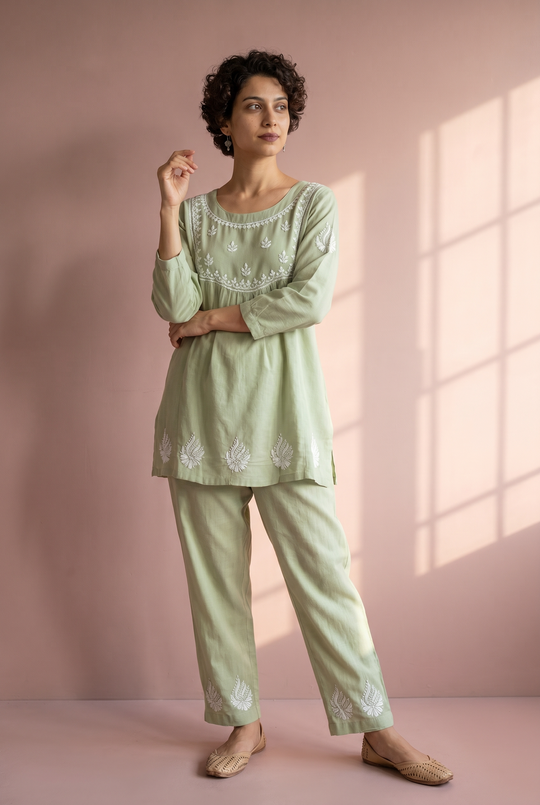 Sage green Luckhnowi coord set