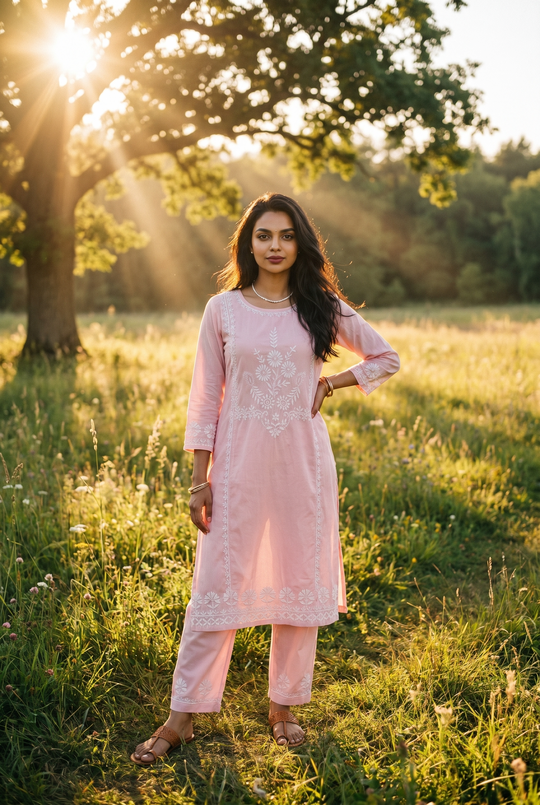 Baby pink Luckhnowi coord set