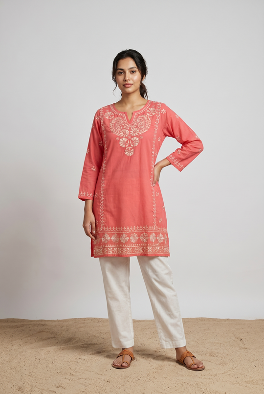 Red Luckhnowi cotton kurti