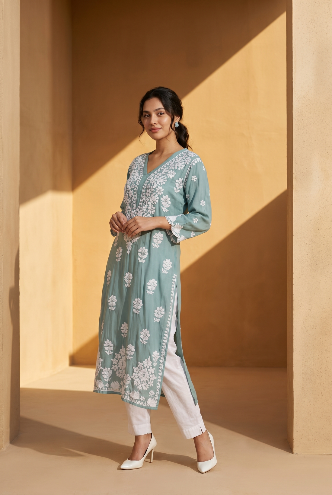 Sea-green chikankari kurti