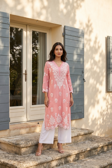 Peach chikankari kurti