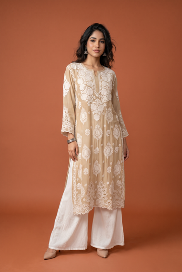 Penut Brown Kurti with Floral White Chikankari