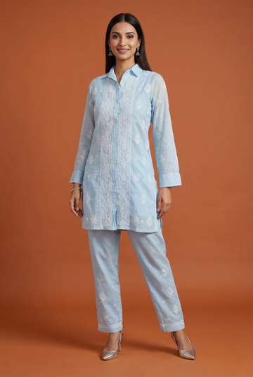 Cadet Blue Co-ord Set with Collar & White Chikankari Embroiedery on Front