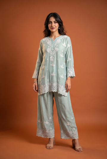 Seafoam Green  Co-ord Set  With Eligent  Floral White Chikankari
