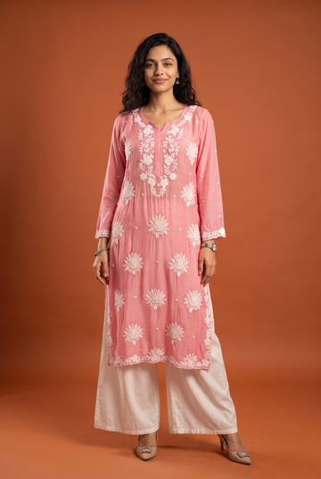 Pink Kurti With Floral White Chikankari
