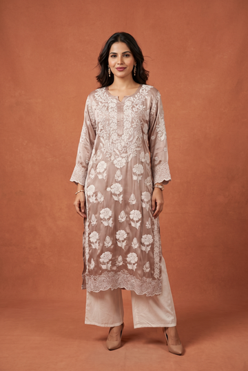 Peach Blush  Kurta  with Eligent  Floral White Chikankari