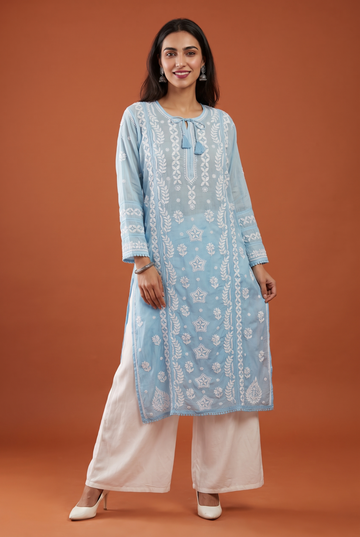 Sky Blue Kurti With Srings at Neck With  White Chikankari