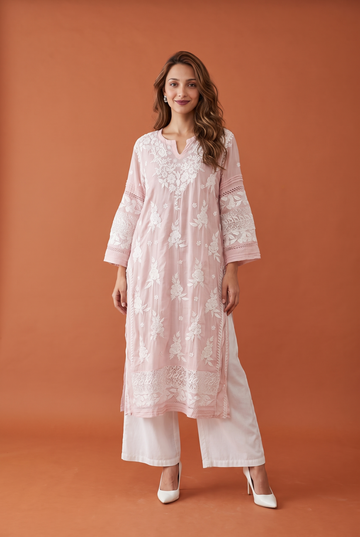 Peach Pink  Kurti  With Eligent  Floral White Chikankari