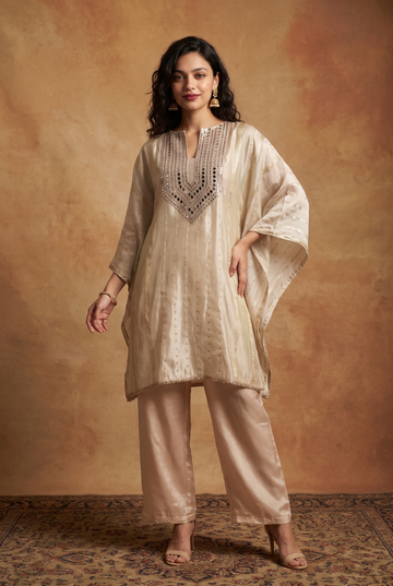 Light Green Kaftan set with mirror work on front