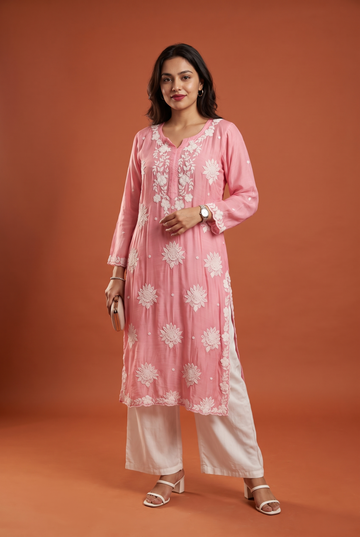 Pink Kurti With Floral White Chikankari