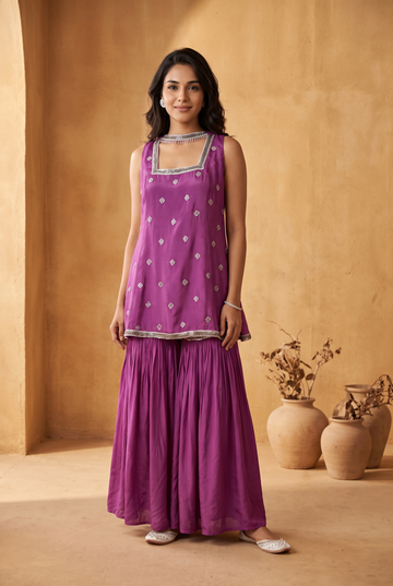 Women Crepe Squareneck Embellished Regular Fit Sharara Set Aubergine