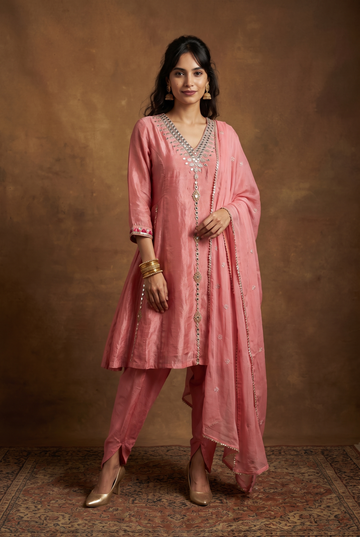 Coral Pink Embellished Anarkali Kurta Set