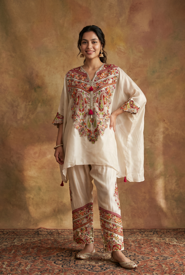 Heavy front panel work white kaftan set