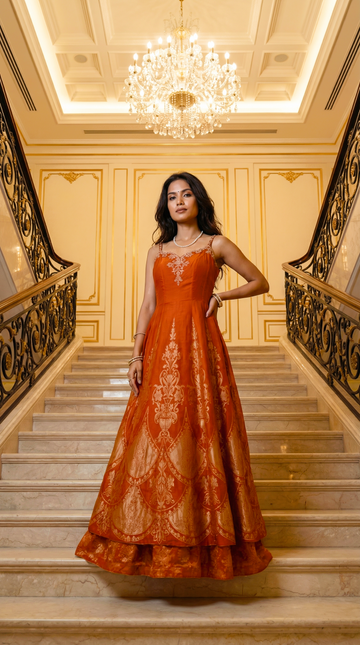 Jessica Orange Embroidered Anarkali with Sweetheart Neckline
