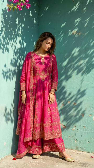 Pink Embroidered Anarkali Set with Dupatta and Coordinated Bottom