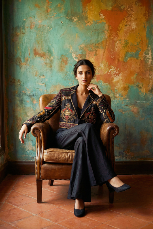 Black Sharara Set with Hand-Worked Crewel Jacket