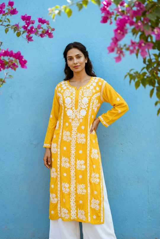 Mustard Yellow Chikankari Kurti