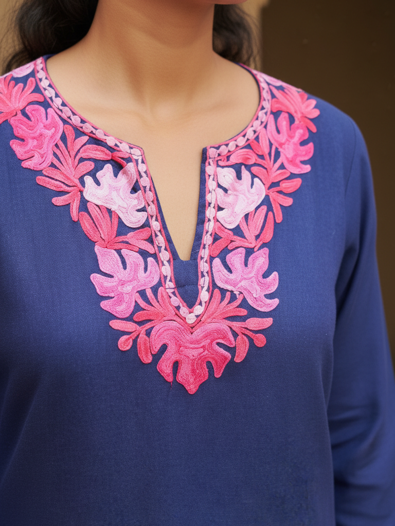 Midnight Blue Cotton Kurti with Pink Crewel Embroidery