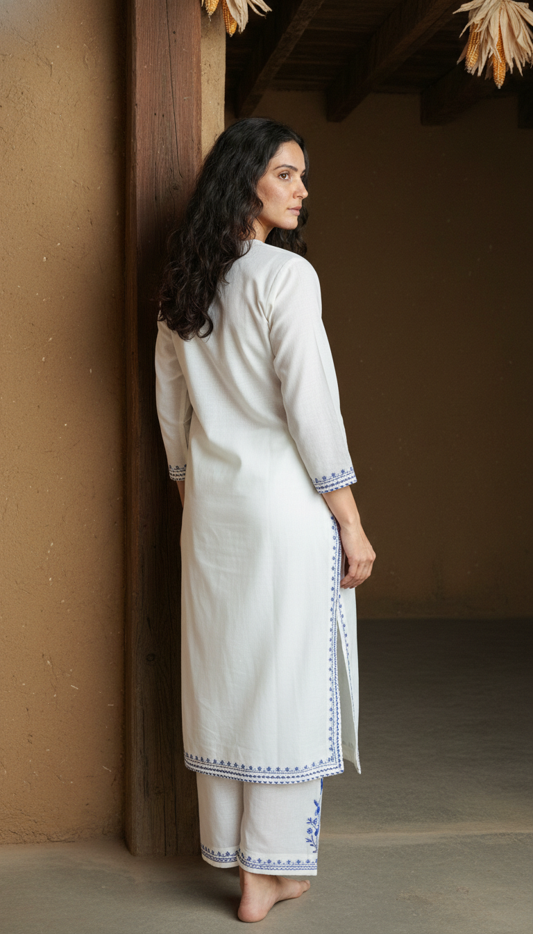 White Aari Embroidered Co-ord Set with Blue Floral Motifs