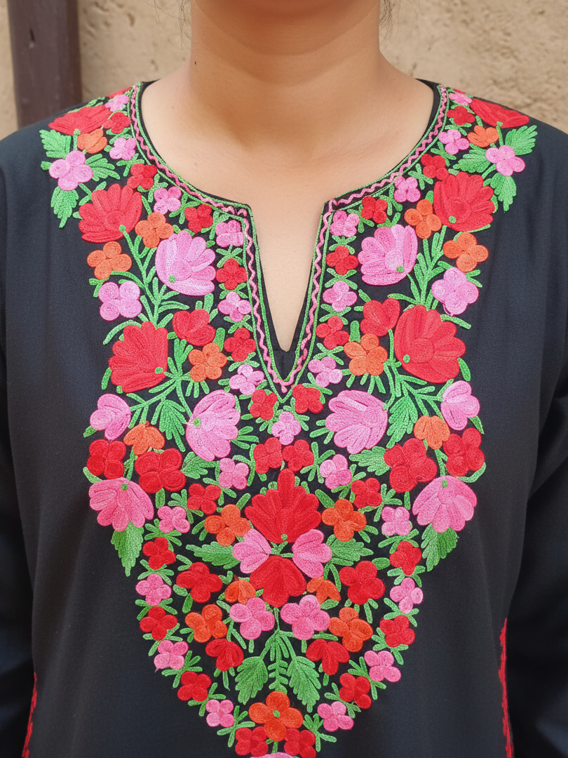 Black  Kurti With Red Floral Motifs