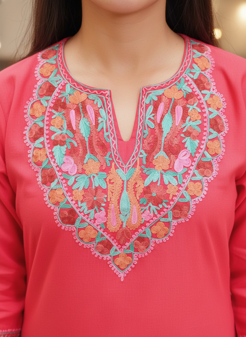 Crimson Red Cotton Kurti with Green Crewel Embroidery